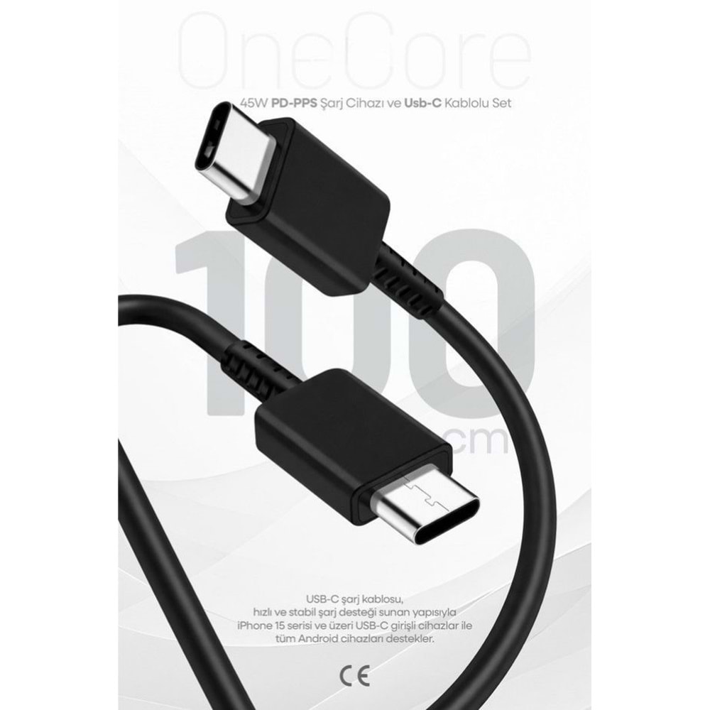 PDAteknoloji 45W USB-C PD-Pps Super Hız Şarj Adaptörü ve 1m 5A Type-C to Type-C Kablo Siyah (3 Yıl Garantili)