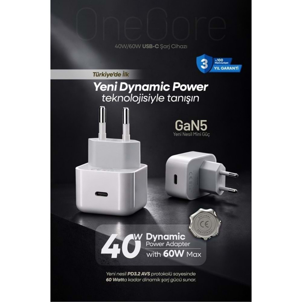 PDAteknoloji 40W (60W Max) GAN5 Teknoloji USB-C PD3.2 Dynamic Power Adaptör Beyaz (Kablosuz) (3 Yıl Garantili)