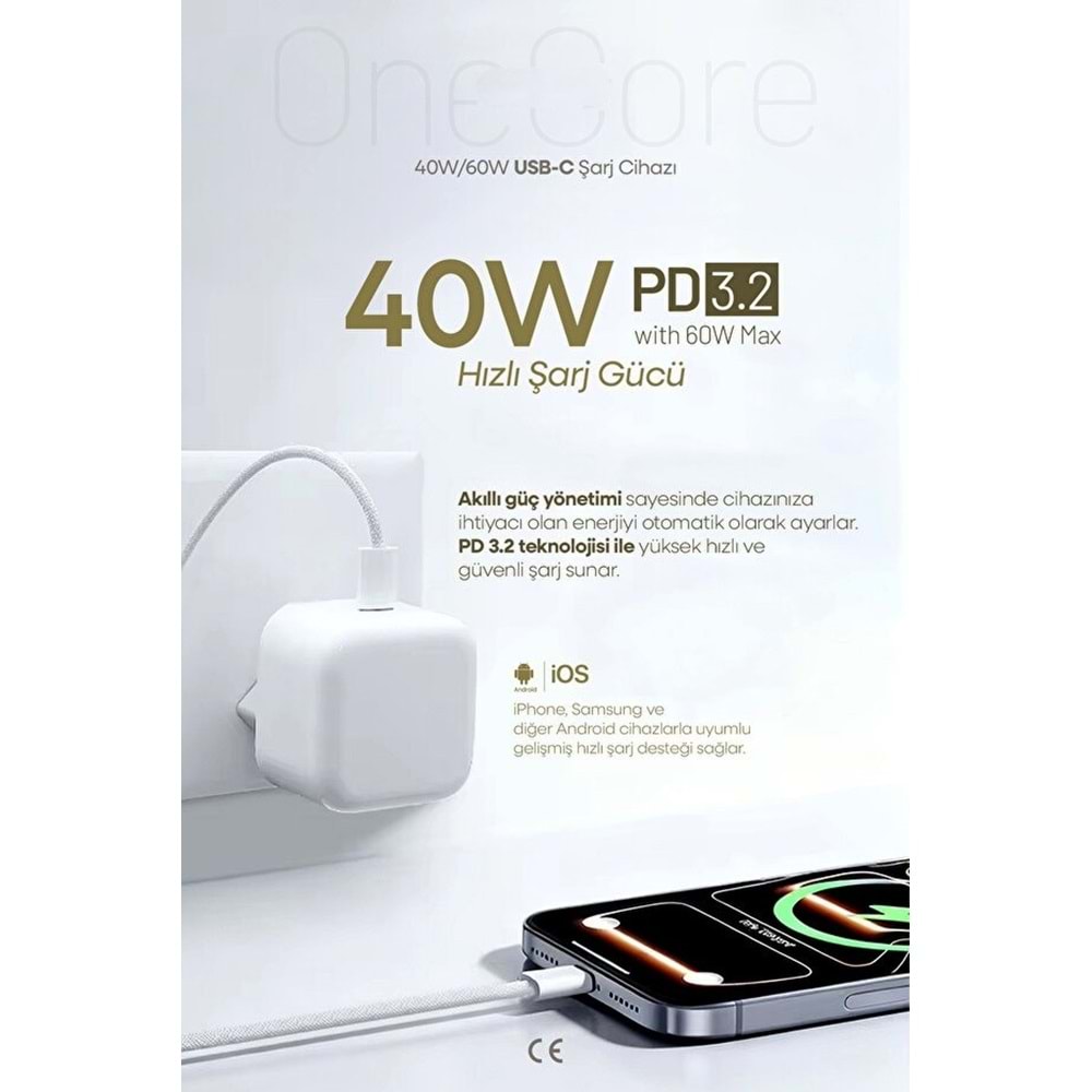 PDAteknoloji 40W (60W Max) GAN5 Teknoloji USB-C PD3.2 Dynamic Power Adaptör Beyaz (Kablosuz) (3 Yıl Garantili)
