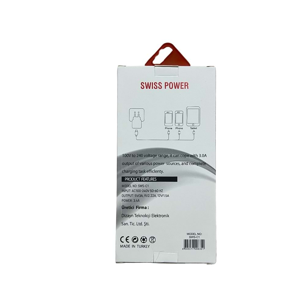 Swiss Power 3A PD/QC Hızlı Şarj Başlık Çift Giriş SWS-C1 - Beyaz