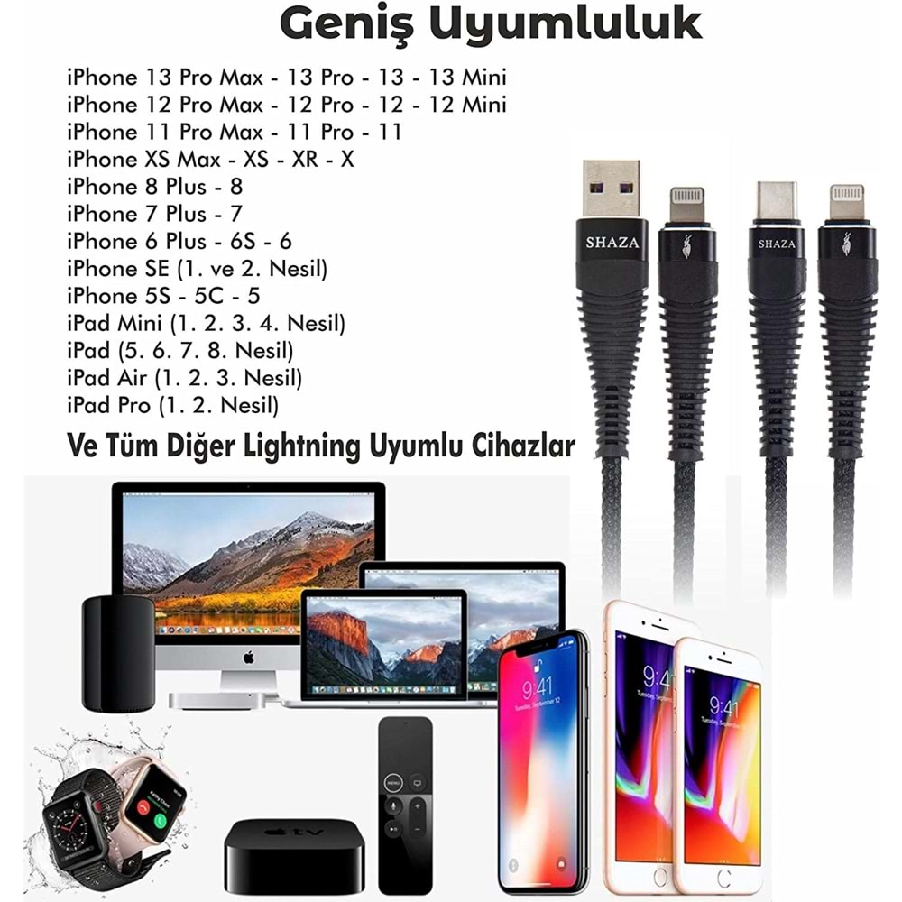 Shaza Apple iPhone Lightning 5A 100 W Örgülü Hızlı Şarj ve Data Kablosu 1 Metre