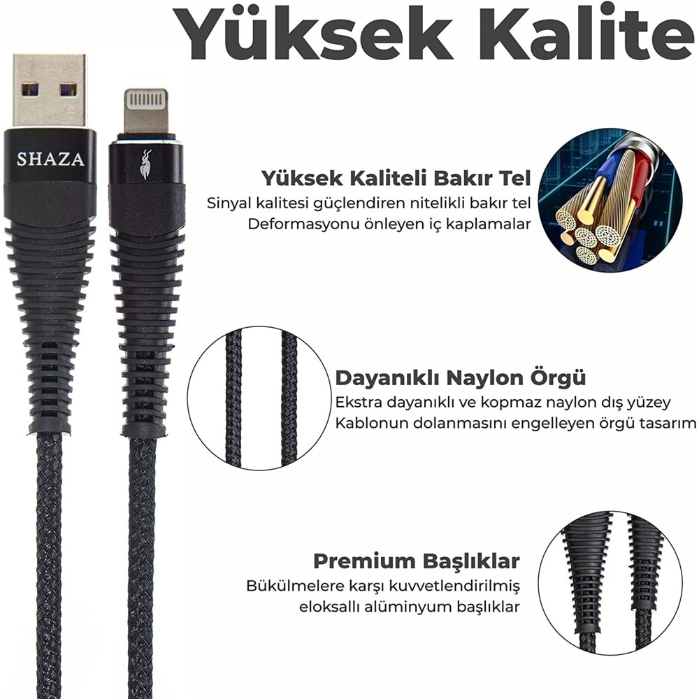 Shaza Apple iPhone Lightning 5A 100 W Örgülü Hızlı Şarj ve Data Kablosu 1 Metre