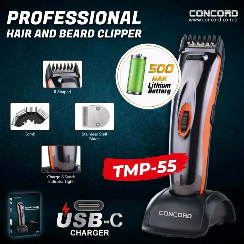 CONCORD TMP-55 ALÜMİNYUM GÖVDELİ ŞARJLI TYPE-C ŞARJ PROFESYONEL TIRAŞ MAKİNESİ