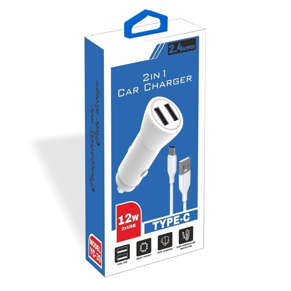 PDAteknoloji Yetty 12W 2 in 1 Araç Şarj Cihazı +1m Type-C Kablo Beyaz YC-30T (Yerli Üretim)