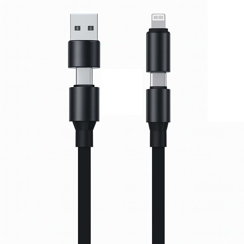 PDAteknoloji 240W 4 in 1 Usb-A+Type-C to Type-C+Lightning İle Uyumlu Süper Hızlı Şarj Ve Data Kablosu Siyah