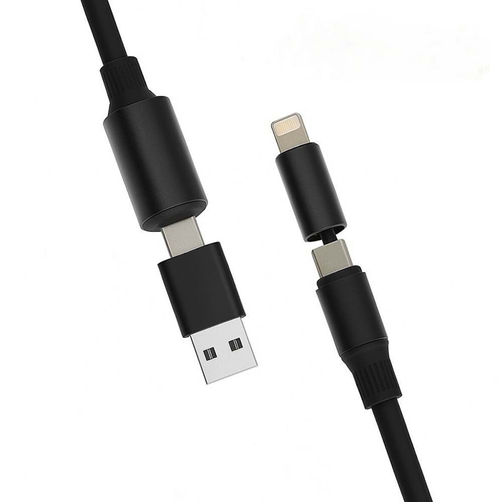 PDAteknoloji 240W 4 in 1 Usb-A+Type-C to Type-C+Lightning İle Uyumlu Süper Hızlı Şarj Ve Data Kablosu Siyah