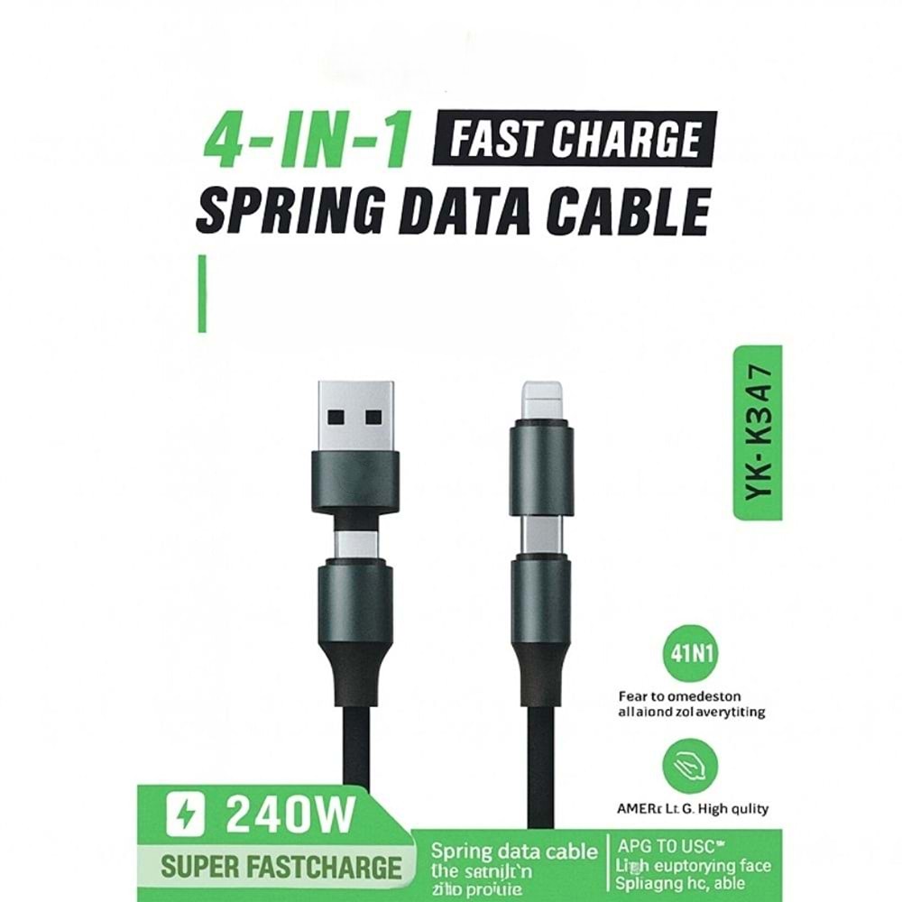 PDAteknoloji 240W 4 in 1 Usb-A+Type-C to Type-C+Lightning İle Uyumlu Süper Hızlı Şarj Ve Data Kablosu Siyah