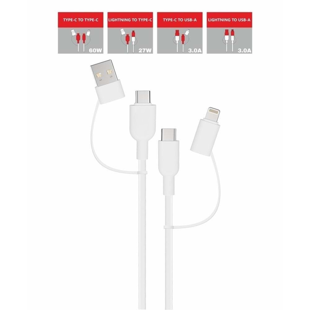 PDAteknoloji Yetty 60W 4in1 Type-C,Lightning,USB-A Data ve Hızlı Şarj Kablosu 1.2m Beyaz YKB-41B (Yerli Üretim)