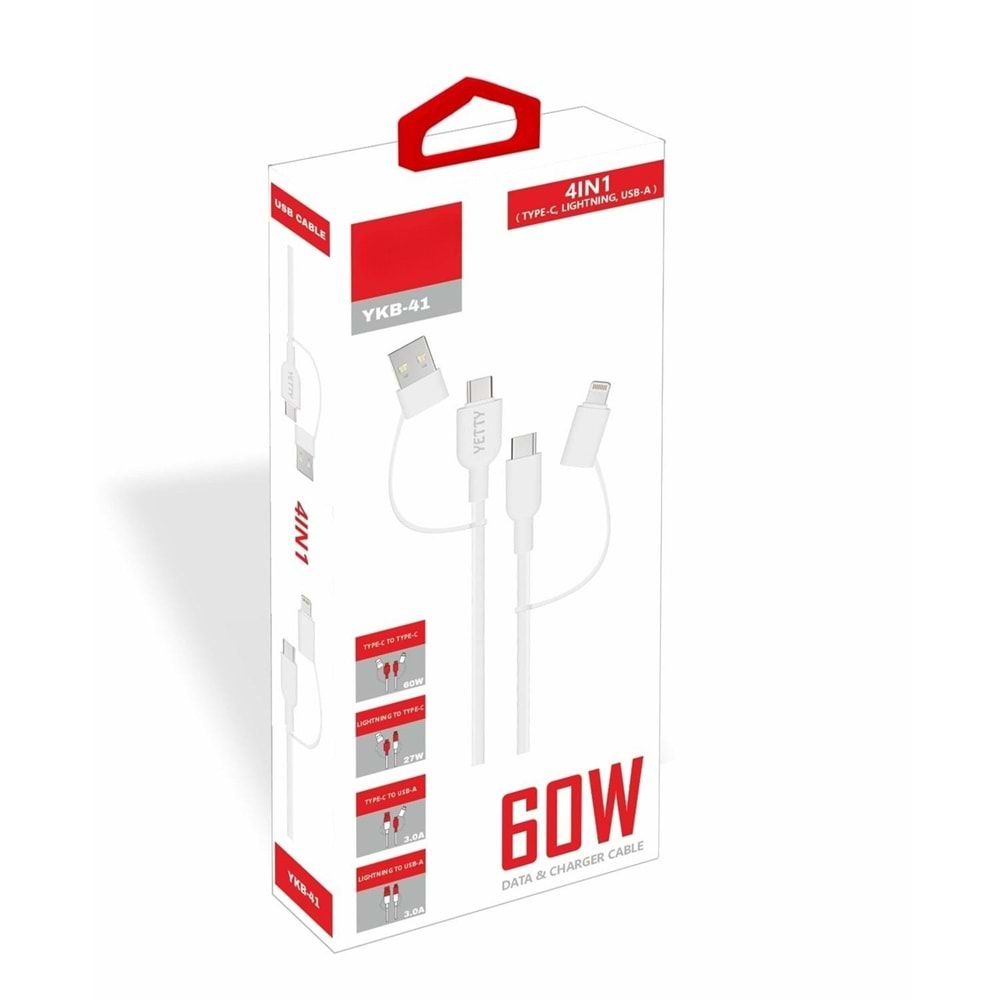 PDAteknoloji Yetty 60W 4in1 Type-C,Lightning,USB-A Data ve Hızlı Şarj Kablosu 1.2m Beyaz YKB-41B (Yerli Üretim)