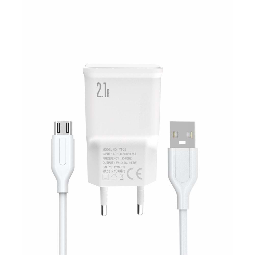 PDAteknoloji Yetty 2 in 1 Şarj Cihazı +1m Micro USB Kablo Beyaz YT-30M (Yerli Üretim)