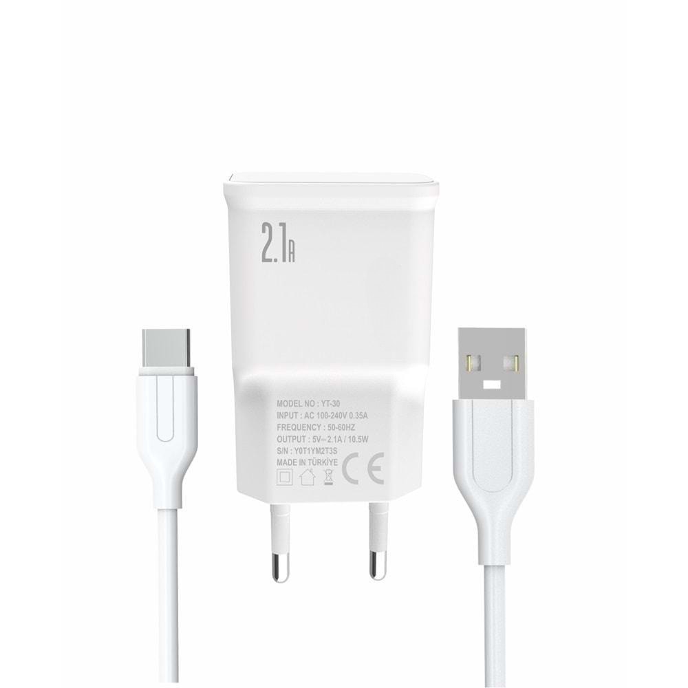 PDAteknoloji Yetty 2 in 1 Şarj Cihazı +1m Type-C Kablo Beyaz YT-30T (Türkiye de üretilmiştir)