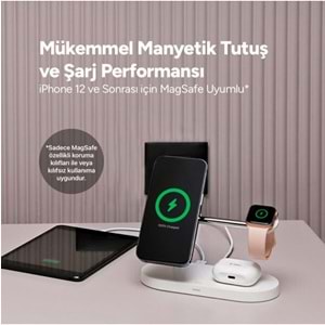 ttec AirCharger Quattro M MagSafe Uyumlu 4'ü 1 Arada iPhone + Apple Watch + AirPods LED Aydınlatmalı Kablosuz Şarj Standı Beyaz 2KS26B