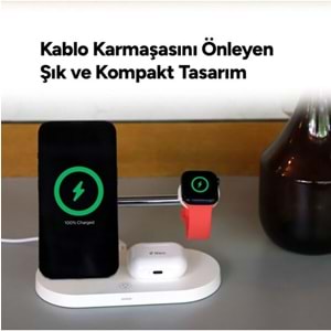 ttec AirCharger Quattro M MagSafe Uyumlu 4'ü 1 Arada iPhone + Apple Watch + AirPods LED Aydınlatmalı Kablosuz Şarj Standı Beyaz 2KS26B