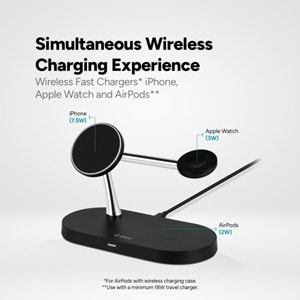 ttec AirCharger Quattro M MagSafe Uyumlu iPhone+AppleWatch+AirPods LED li Kablosuz Hızlı Şarj Standı Siyah 2KS26S