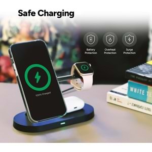 ttec AirCharger Quattro M MagSafe Uyumlu iPhone+AppleWatch+AirPods LED li Kablosuz Hızlı Şarj Standı Siyah 2KS26S