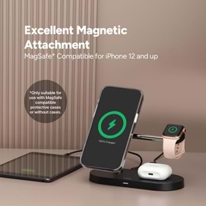 ttec AirCharger Quattro M MagSafe Uyumlu iPhone+AppleWatch+AirPods LED li Kablosuz Hızlı Şarj Standı Siyah 2KS26S