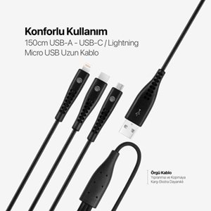 Mojue by Ttec Trio Şarj Kablosu USB-A - USB-C / Lightning / Micro USB 150cm 3DK44S Siyah