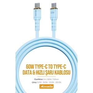 PDAteknoloji Azeada Linshion Serisi 60W Type-C to Type-C Hızlı Şarj ve Data Kablosu 1m Mavi AZ-B07AM