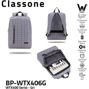 Classone Pro 15.6 inch uyumlu Su Geçirmez Kumaş Notebook Sırt Çantası-Gri BP-WTX406G