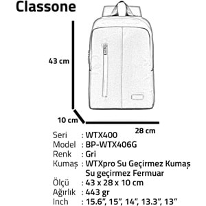 Classone Pro 15.6 inch uyumlu Su Geçirmez Kumaş Notebook Sırt Çantası-Gri BP-WTX406G