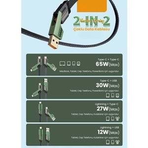 PDAteknoloji 2 in 2 4'lü 65w USB Type-C ve Lightning Örgülü Şarj Ve Data Kablosu - 1.5m Siyah AZ-B10th