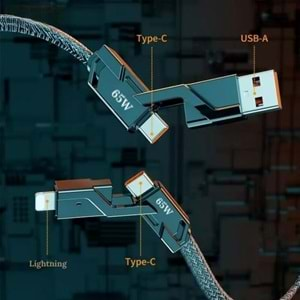 PDAteknoloji 2 in 2 4'lü 65w USB Type-C ve Lightning Örgülü Şarj Ve Data Kablosu - 1.5m Siyah AZ-B10th