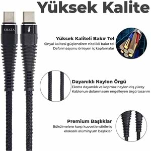 Shaza Type-C To Type-C PD 5A 100W Örgülü Hızlı Şarj ve Data Kablosu 1 Metre