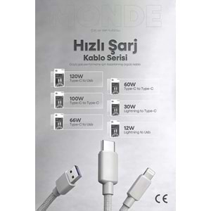 PDAteknoloji 120W/67W Monde USB-A to Type-C Şarj ve Data Kablosu 1m