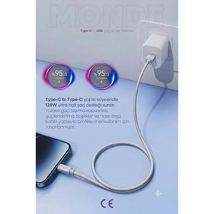 PDAteknoloji 120W/67W Monde USB-A to Type-C Şarj ve Data Kablosu 1m
