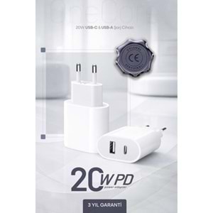 PDAteknoloji 20W USB-C ve USB-A Çift Girişli Şarj Adaptörü Beyaz (3 Yıl Garantili)
