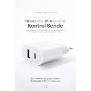 PDAteknoloji 20W USB-C ve USB-A Çift Girişli Şarj Adaptörü Beyaz (3 Yıl Garantili)