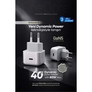 PDAteknoloji 40W (60W Max) GAN5 Teknoloji USB-C PD3.2 Dynamic Power Adaptör Beyaz (Kablosuz) (3 Yıl Garantili)