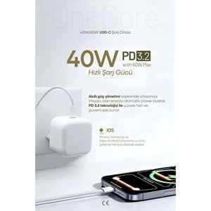 PDAteknoloji 40W (60W Max) GAN5 Teknoloji USB-C PD3.2 Dynamic Power Adaptör Beyaz (Kablosuz) (3 Yıl Garantili)