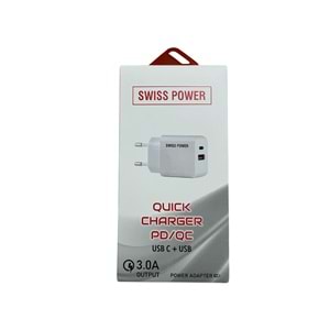 Swiss Power 3A PD/QC Hızlı Şarj Başlık Çift Giriş SWS-C1 - Beyaz