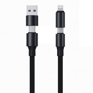 PDAteknoloji 240W 4 in 1 Usb-A+Type-C to Type-C+Lightning İle Uyumlu Süper Hızlı Şarj Ve Data Kablosu Siyah