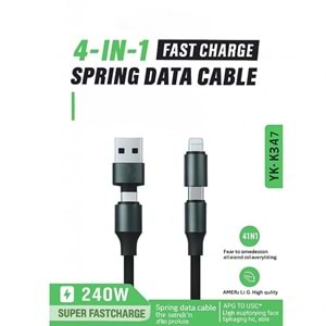 PDAteknoloji 240W 4 in 1 Usb-A+Type-C to Type-C+Lightning İle Uyumlu Süper Hızlı Şarj Ve Data Kablosu Siyah