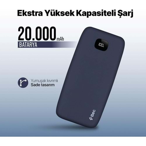Ttec ChargeUp LCD 20.000 mAh Taşınabilir Hızlı Şarj Aleti/Powerbank Lacivert 2BB211L
