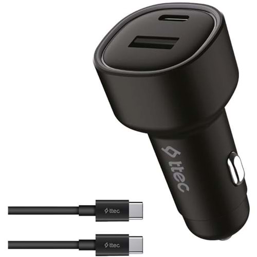 Ttec SmartCharger Duo PD 48W Araç Hızlı Şarj Aleti USB-C+USB-A + USB-C- USB-C 3A Kablo Siyah 2CKP02CS