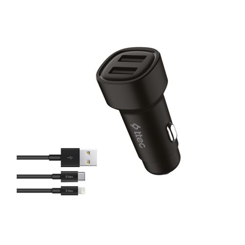 Ttec SmartCharger Duo 3.1A Araç Şarj Aleti Çift USB + USB-C ve Lightning Kablo