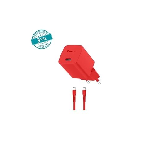 Ttec Special COLLECTION SmartCharger Pro GAN 20W PD Seyahat Hızlı Şarj Aleti + USB-C - USB-C 3A Kablo 1.2m Neon Kırmızı 2SCG20CNK (3 yıl garantili)