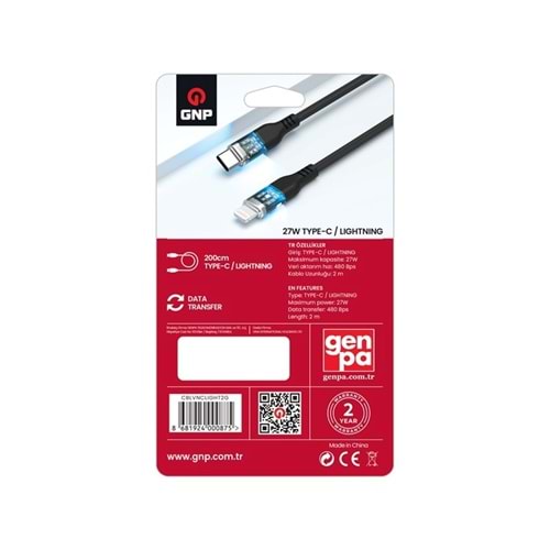 GNP 27W Type-C to Lightning Neon Işıklı Kablo 200cm (GENPA Garantili)