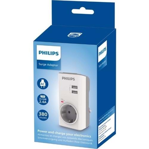 Philips CHP4010W Tekli Akım Koruma Priz, 380J, 2x USBA, Max 2.4A, Beyaz