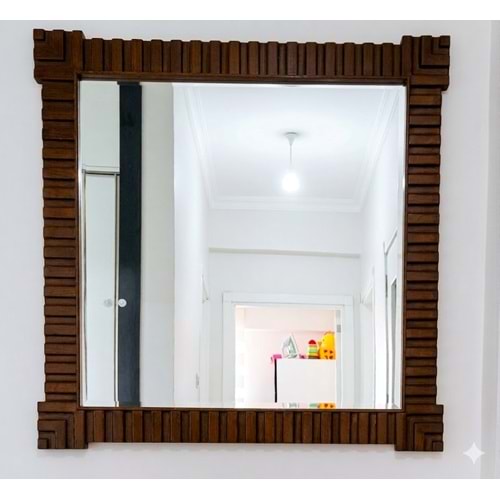 PDAteknoloji Ahşap Çerçeveli Dekoratif Kahverengi Ayna 119 x 119 cm