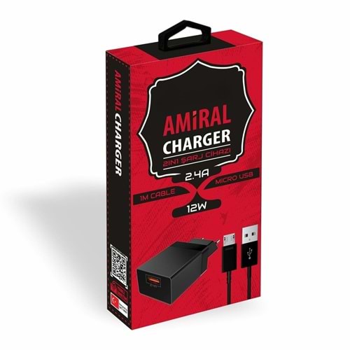 PDAteknoloji Amiral 12W 2 in 1 Şarj Cihazı + 1m Micro Usb Kablo Siyah KDR-30M (Yerli Üretim)