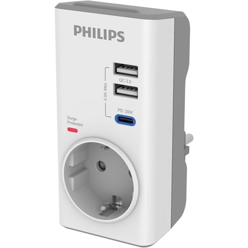 OUTLET Philips CHP8010W Tekli Akım Koruma Priz, 380J, 2x USB-A out, 1x USB-C out (PD & QC 3.0), Beyaz OUTLET