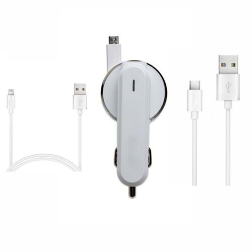 PDATeknoloji 3.1A Micro USB Araç Şarj Aleti Kırılmaz Kablo+Lightning Kablo+Type-C Kablo