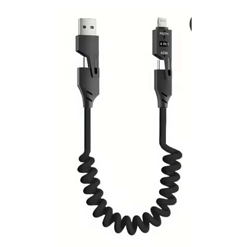 PDA Teknoloji 65W Type-C+USB A to Type-C+Lightning Akordiyonlu Hızlı Şarj Kablosu 1.5m Siyah