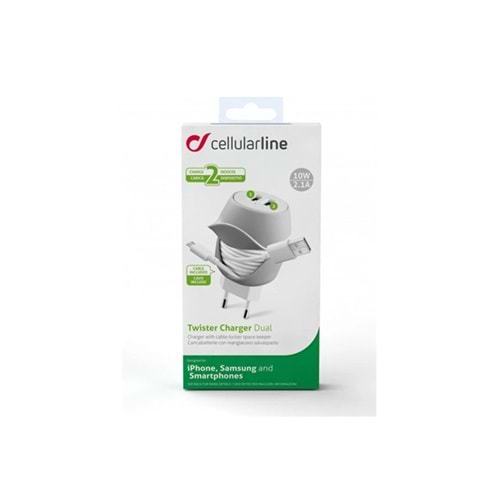 Cellularline Twister Charger Dual 2 li 10W 2.1A Seyahat Şarj Aleti +Micro USB Kablo