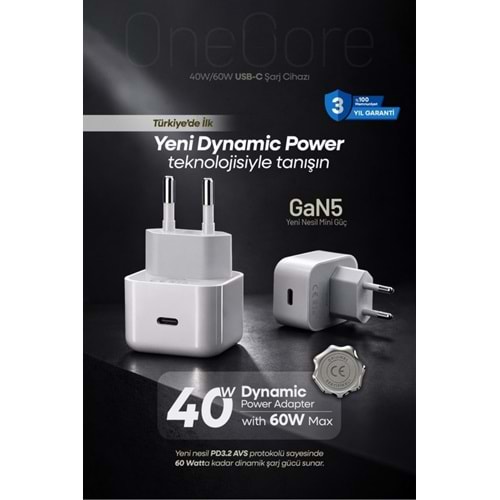 PDAteknoloji 40W (60W Max) GAN5 Teknoloji USB-C PD3.2 Dynamic Power Adaptör Beyaz (Kablosuz) (3 Yıl Garantili)