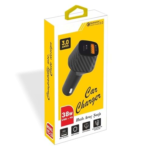 PDAteknoloji Yetty 38W USB + PD 3.0A Hızlı Araç Şarj Aleti Siyah YC-10 (Yerli Üretim)